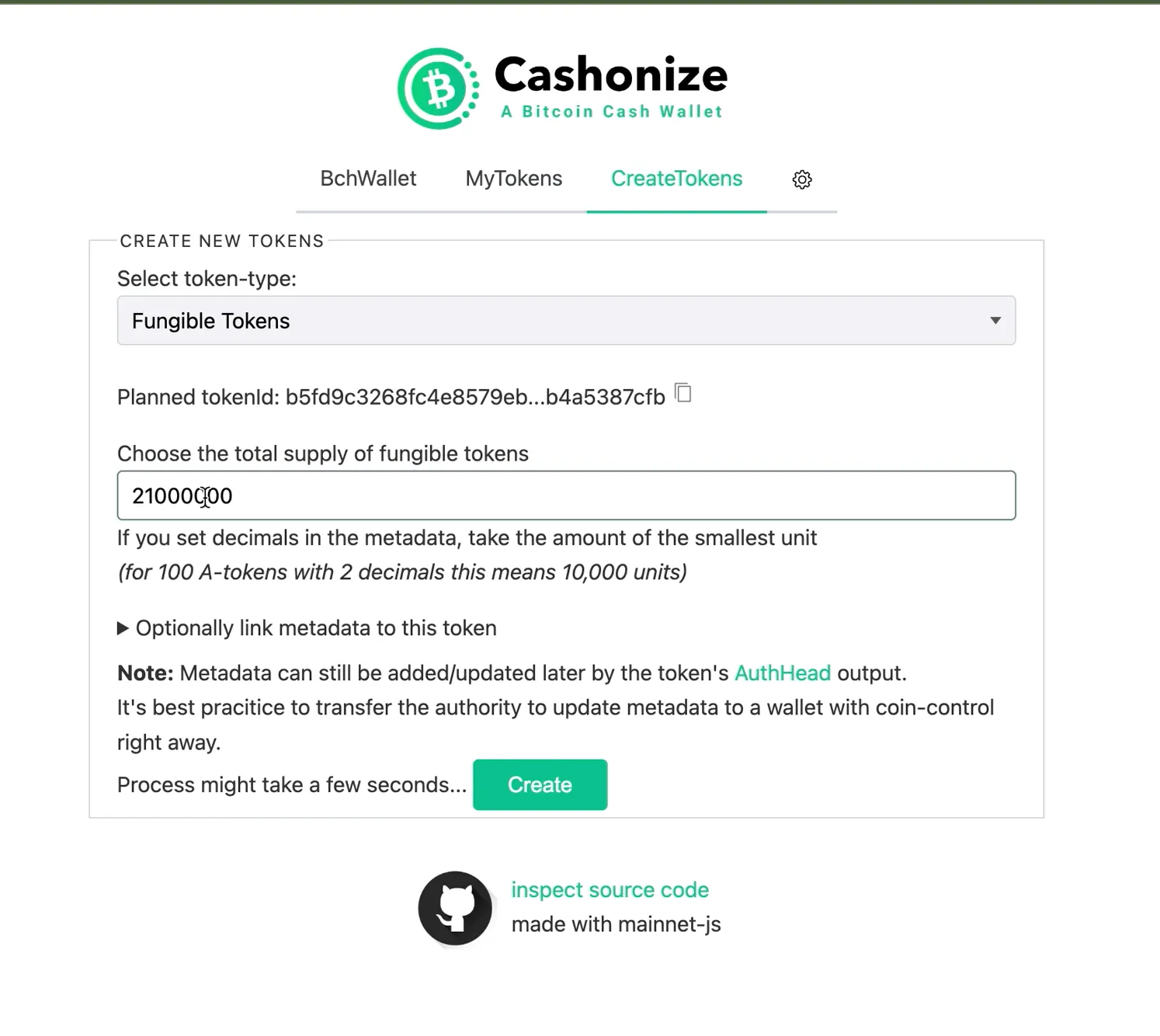 Cashonize Create Tokens