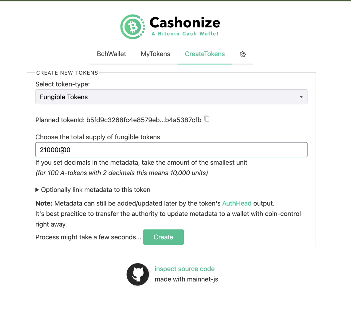 Cashonize Create Tokens